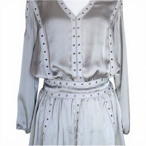 Boston Proper Satin Mini Dress Rivets Gray Silver V-Neck Cut Out Sleeves Sz XS